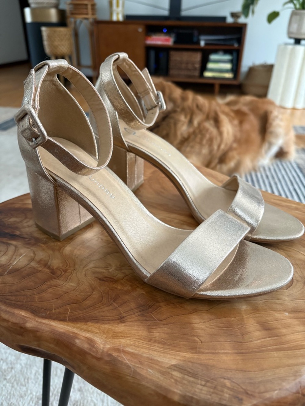 Chinese Laundry Metallic Gold Block Heel Sandals with Ankle Strap
